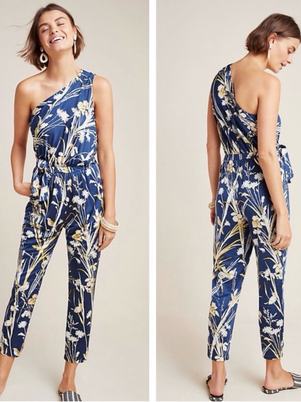 Anthropologie Maeve Blue Bird Floral Keaton One Shoulder Jumpsuit Medium